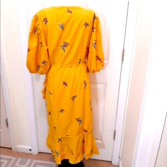 Farm Rio Jungle Tucanos wrap dress yellow puff NWT XS - Picture 10 of 13